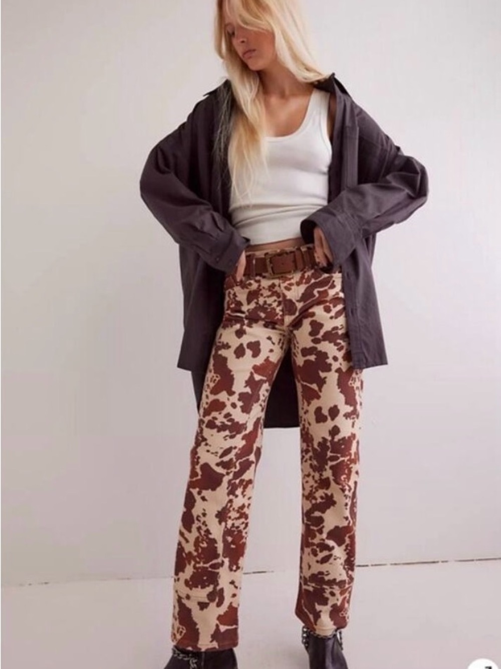 Free People Cow Print Straight-Leg Pants size 28